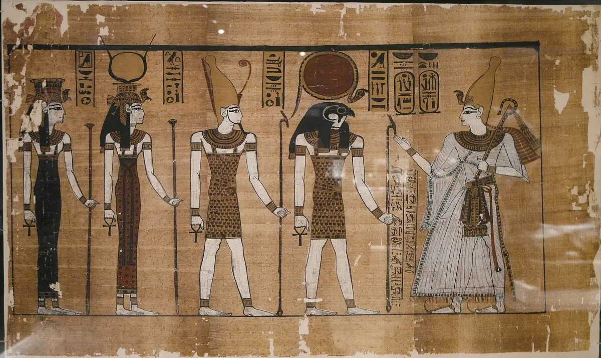 Pharaoh Ramses III facing the gods of the Heliopolitan solar temple, including Ra-Horakhty and Aten