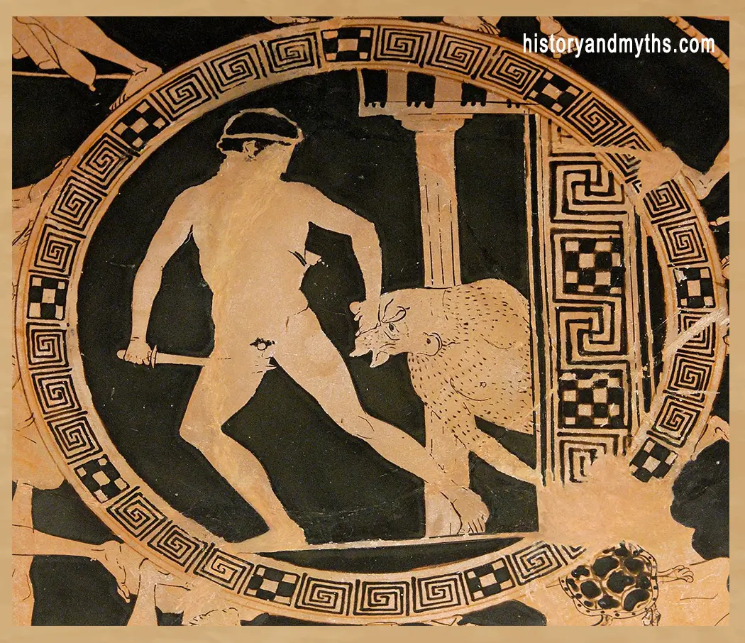 Theseus dragging the Minotaur from the Labyrinth, Attic red-figure kylix (tondo), ca. 440–430 BCE