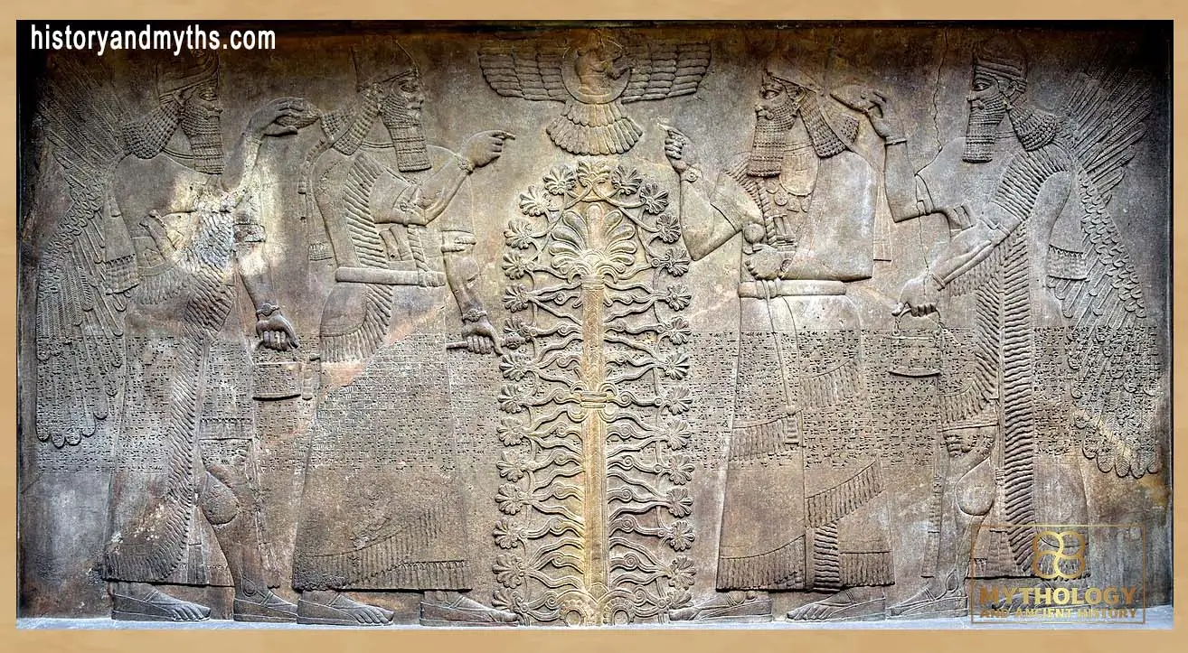 Relief depicting Ashurnasirpal II conducting sacred rituals before the divine tree, illustrating how royal authority was visually linked to divine protection and cosmic order.