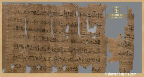 A cropped section of the Harem Conspiracy Papyrus (Judicial Papyrus), documenting the investigation and trial of conspirators accused of plotting against Ramesses III