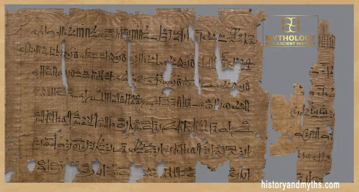 A cropped section of the Harem Conspiracy Papyrus (Judicial Papyrus), documenting the investigation and trial of conspirators accused of plotting against Ramesses III