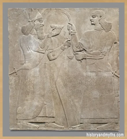 Relief panel depicting King Ashurnasirpal II and an attendant, from the Northwest Palace at Nimrud (Kalhu)