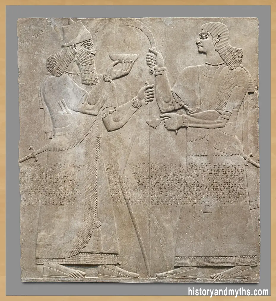 Relief panel depicting King Ashurnasirpal II and an attendant, from the Northwest Palace at Nimrud (Kalhu)