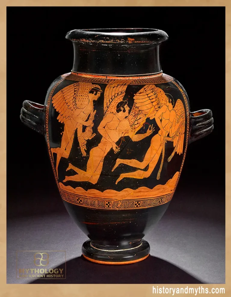Red-figure stamnos depicting the Erotes—Eros, Pothos, and Himeros—flying across the sea with love-gifts, British Museum 1843,1103.31.