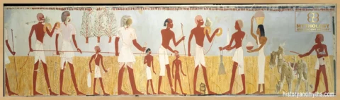 Upper section detail from “Harvest Scenes, Tomb of Menna (TT 69)” showing land measurement and boundary assessment associated with agricultural property