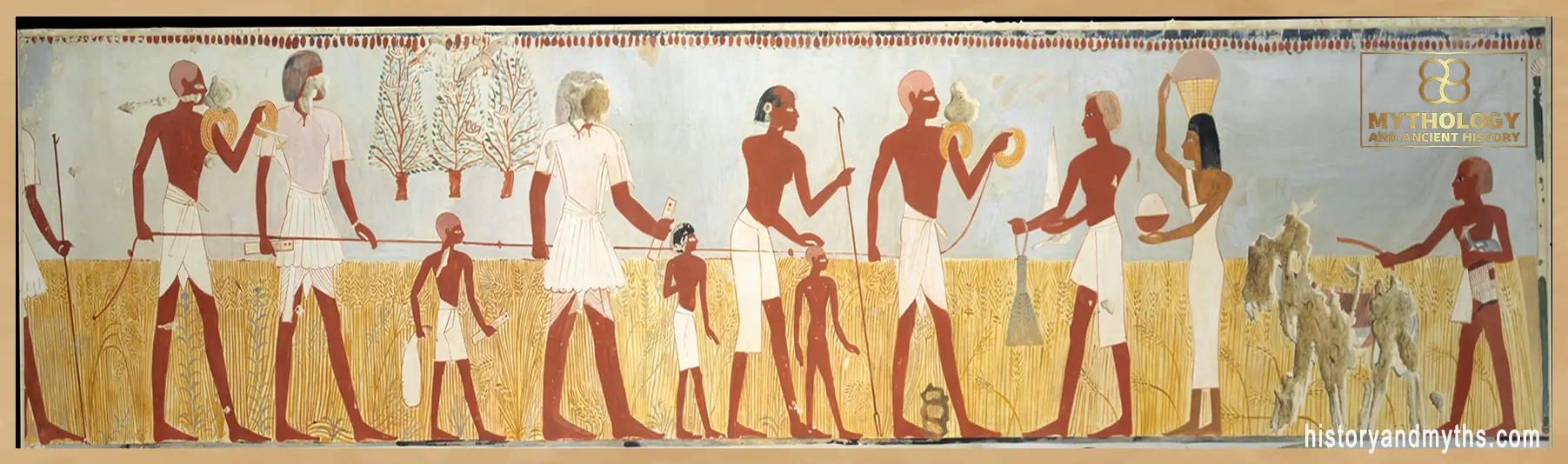 Upper section detail from “Harvest Scenes, Tomb of Menna (TT 69)” showing land measurement and boundary assessment associated with agricultural property
