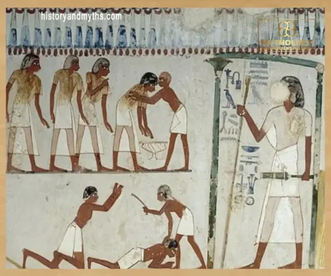 Cropped scene from the Tomb of Menna (TT69) depicting punishment and discipline in ancient Egypt, reflecting crime control and legal authority