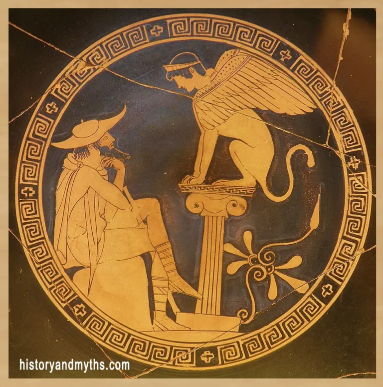 Oedipus confronting the Sphinx and contemplating her famous riddle, Attic red-figure kylix attributed to the Oedipus Painter, c. 470 BCE