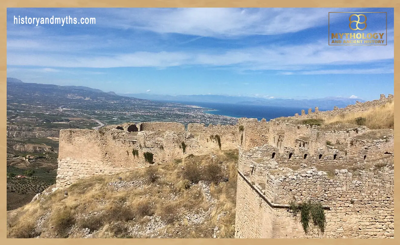 Panoramic view of the fortified hill of Acrocorinth, Greece