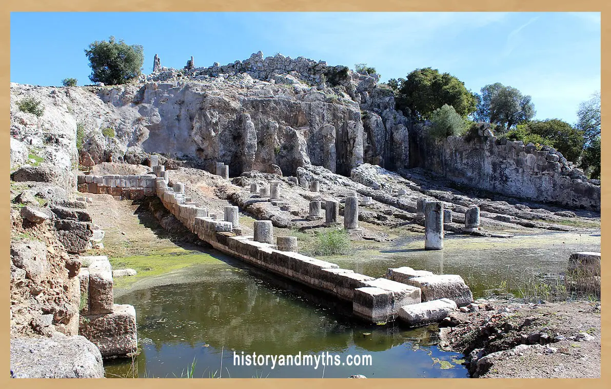 Ancient harbor and shipyard remains at Oiniades, Greece
