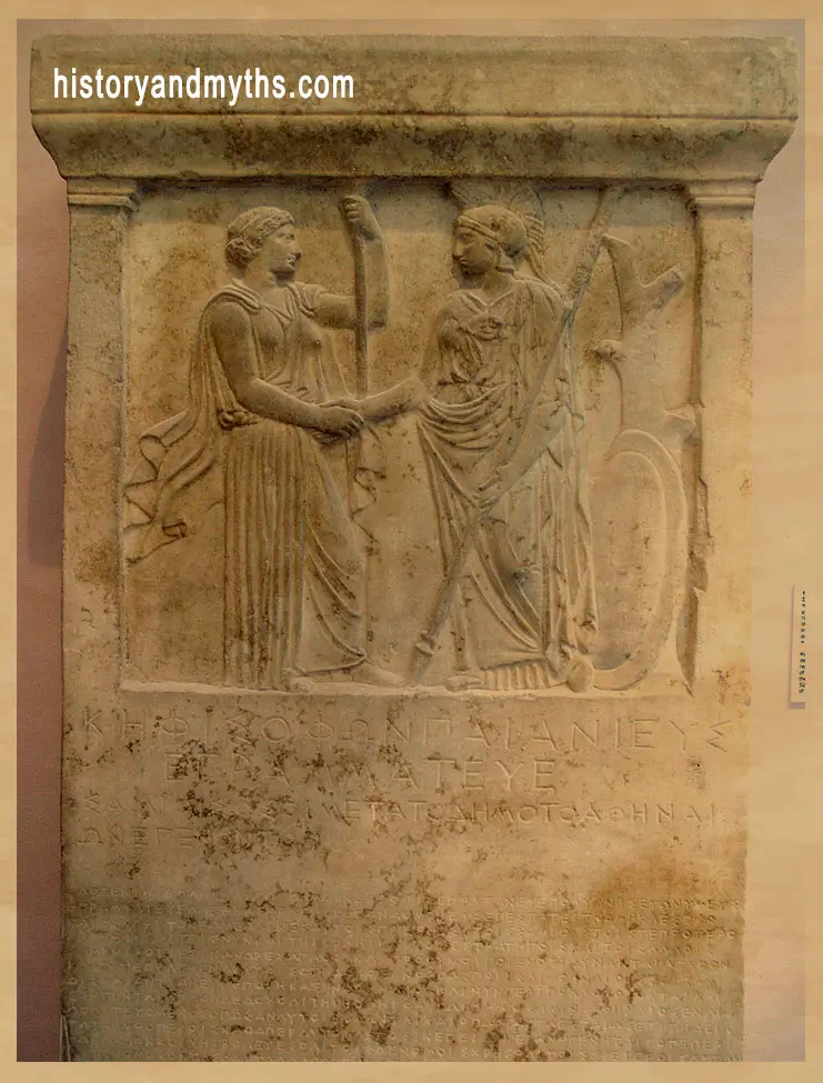 Relief-inscribed stele carrying the Samian honorary decree, depicting Hera and Athena clasping hands as symbols of civic alliance and official recognition, copy of a decree originally issued in 405 BC and reinscribed in 403 BC