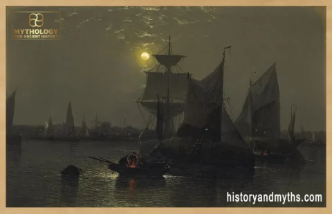 Abraham_Hulk,_Snr_-_Sailing_vessels_in_a_moonlit_harbor_with_fishermen_and_their_boats_in_the_foreground
