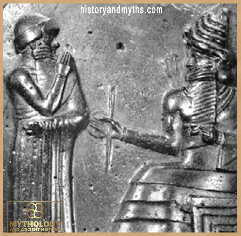 Hammurabi is depicted standing before the god Shamash (Utu), receiving the laws as a visual statement of divinely sanctioned rule.
