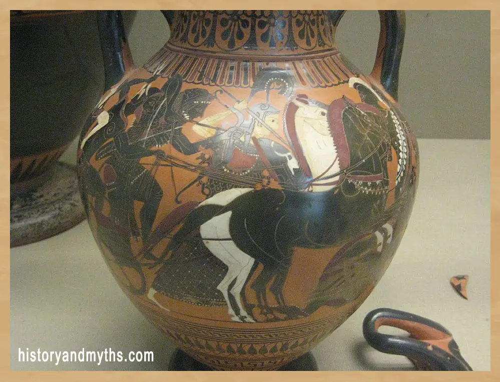 Black-figure amphora depicting Zeus, Heracles, and Athena fighting the Giants during the Gigantomachy, Athens, c. 530–500 BC