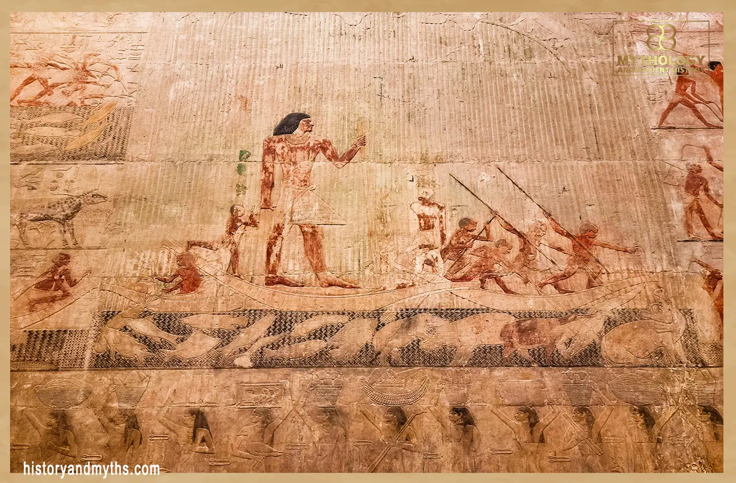 Fleet of river boats from the Tomb of Ti, Saqqara — depicting the transport of an elite official accompanied by attendants, illustrating administrative and ceremonial movement along the Nile.