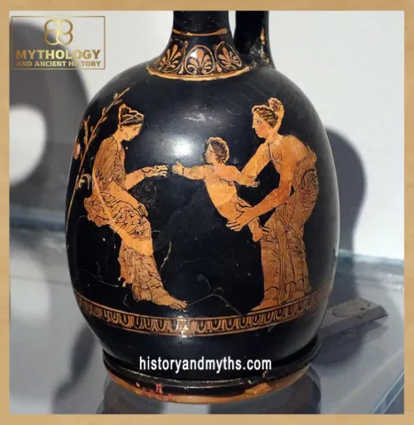 Two women with a child in a domestic scene, depicted on an Attic red-figure lekythos in the manner of the Meidias Painter (Classical period, 5th century BC)
