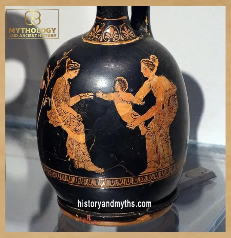 Two women with a child in a domestic scene, depicted on an Attic red-figure lekythos in the manner of the Meidias Painter (Classical period, 5th century BC)