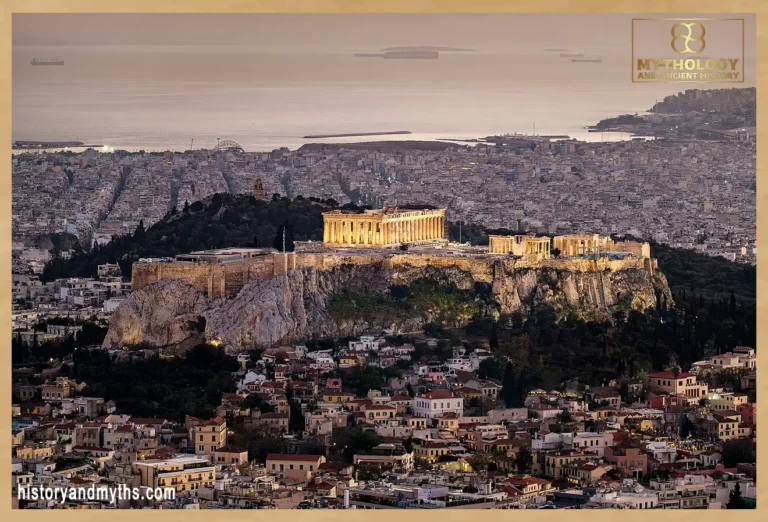 The Acropolis of Athens at dusk seen from Mount Lycabettus, Athens