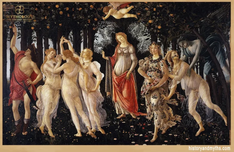 Sandro Botticelli’s Primavera, c.1482, showing Mercury, the Three Graces, Venus, Flora, Chloris, and Zephyrus in a mythological scene