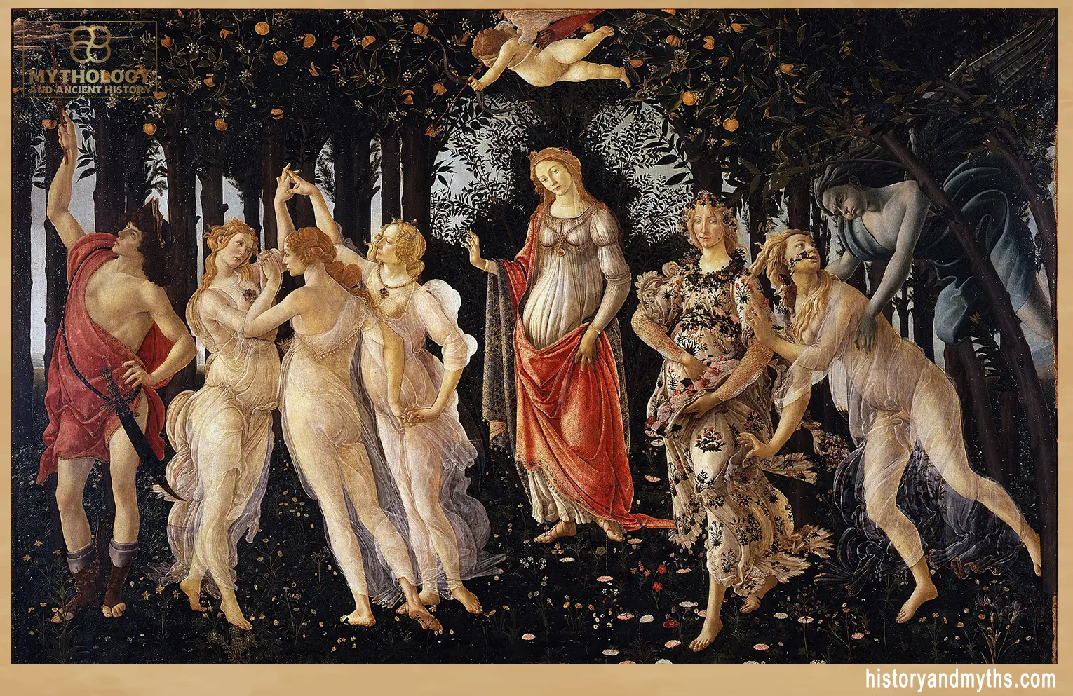 Sandro Botticelli’s Primavera, c.1482, showing Mercury, the Three Graces, Venus, Flora, Chloris, and Zephyrus in a mythological scene