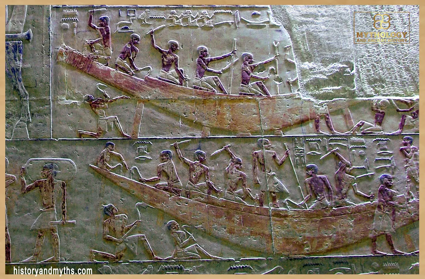 Relief of two boats from the Mastaba of Ti, Saqqara — illustrating early Old Kingdom river vessels used for transport and logistical movement along the Nile.