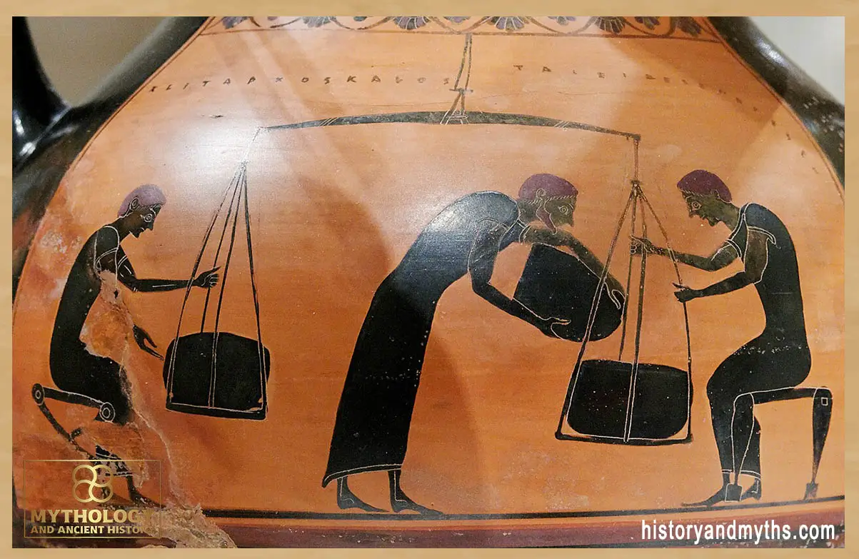 Men weighing merchandise, Attic black-figure amphora, ca. 540–530 BC — Artist: Taleides (potter), Taleides Painter