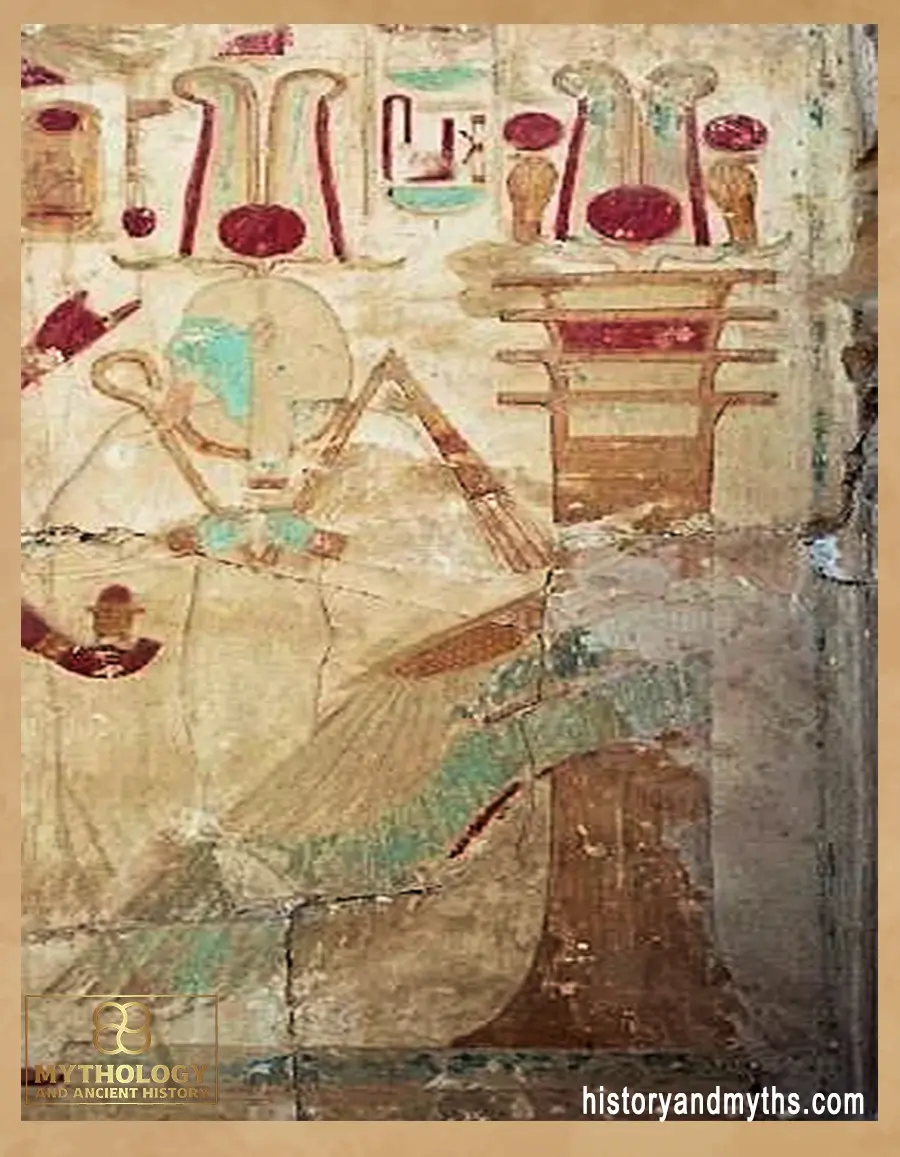 Winged djed pillar behind Osiris, Temple of Ramses II at Abydos