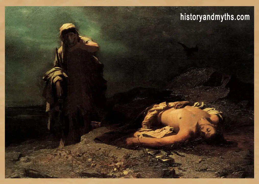 Antigone before the body of Polyneices, oil on canvas by Nikiforos Lytras, 1865