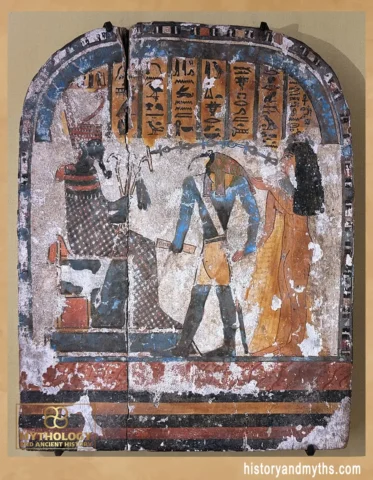 Stele of Lady Nestarut led by Thoth before the god Atum, Third Intermediate Period, wood, Louvre Museum.