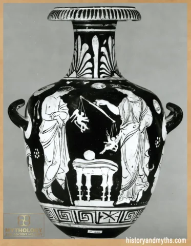 Campanian red-figure hydria showing a woman weighing two small Erotes in a balance, known as the 'Weighing of Erotes' scene, British Museum