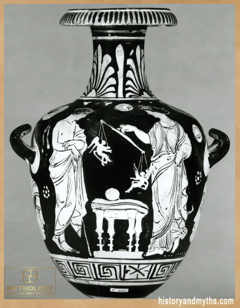 Campanian red-figure hydria showing a woman weighing two small Erotes in a balance, known as the 'Weighing of Erotes' scene, British Museum