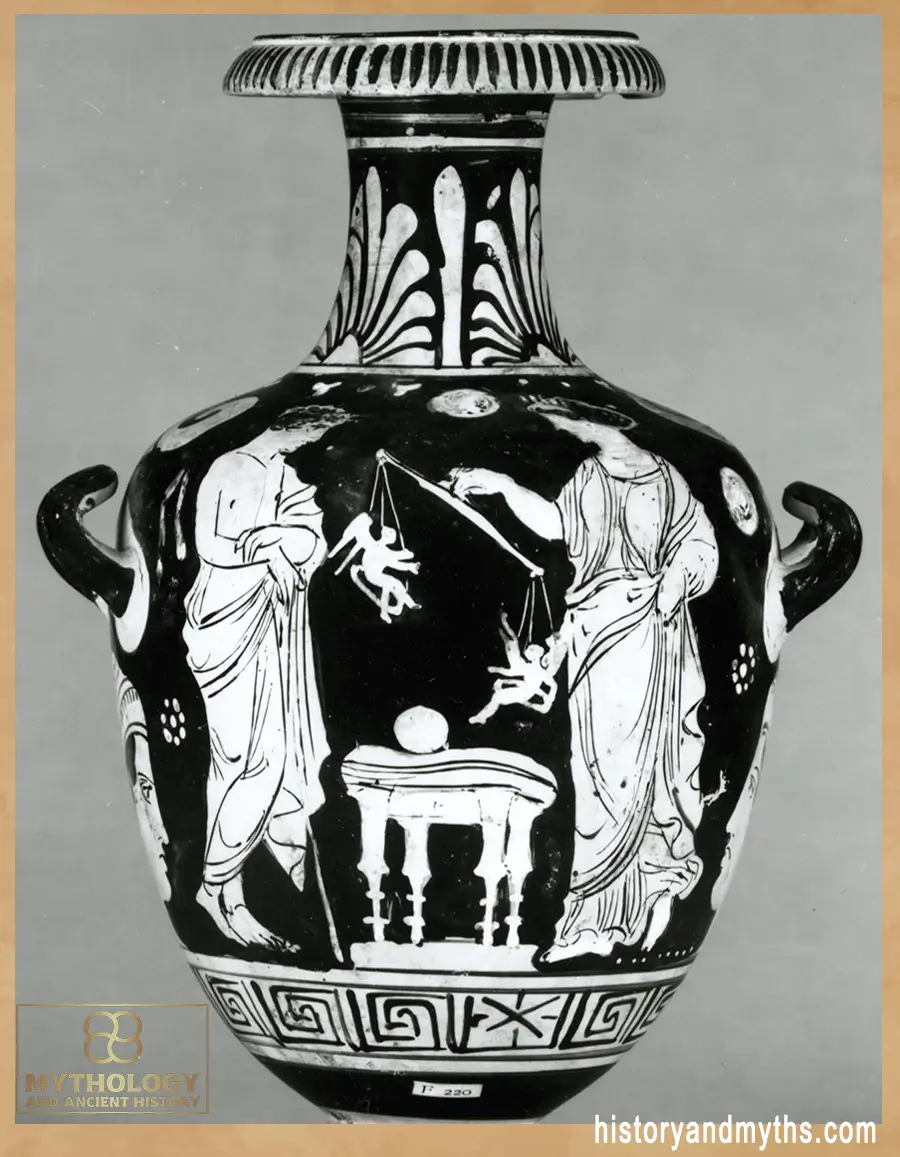 Campanian red-figure hydria showing a woman weighing two small Erotes in a balance, known as the 'Weighing of Erotes' scene, British Museum