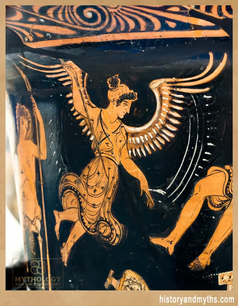 Lyssa depicted with wings and a nimbus on an Apulian red-figure kalyx-krater, symbolizing divine madness