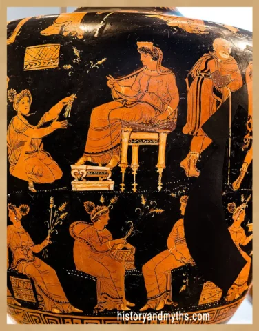 An Apulian red-figure hydria attributed to the Varrese Painter showing Demeter being received by Metaneira, with an assembly of Olympian gods including Pan, Hermes, Poseidon, Aphrodite, Apollo, and Artemis depicted above