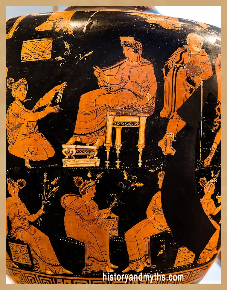 An Apulian red-figure hydria attributed to the Varrese Painter showing Demeter being received by Metaneira, with an assembly of Olympian gods including Pan, Hermes, Poseidon, Aphrodite, Apollo, and Artemis depicted above