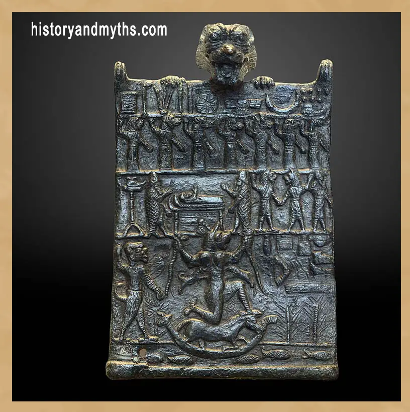 The Lamashtu Plaque (AO 22205), a Neo-Assyrian bronze amulet depicting the demon Lamashtu alongside protective figures and ritual symbols. Louvre Museum.