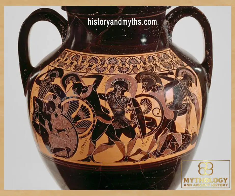Ancient Greek warriors fighting in close combat on a black-figure amphora attributed to the Inscriptions Painter, ca. 540 BCE