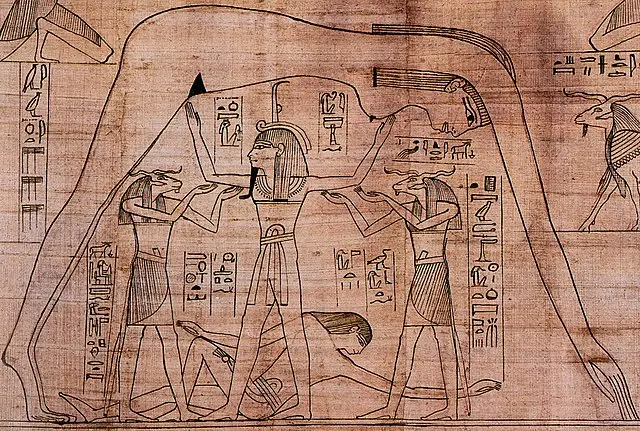 The air god Shu, assisted by other gods, holds up Nut, the sky, as Geb, the earth, lies beneath