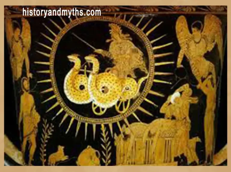 Medea escaping in a chariot drawn by winged dragons while Jason mourns his children below, detail from a fourth-century BC red