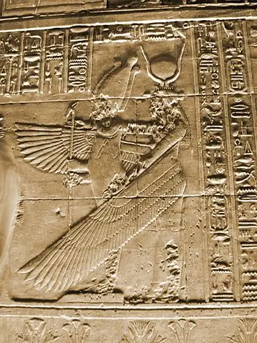 Picture of mural art, relief, showing the Egyptian goddess Isis in her winged form, from the Philae Temple