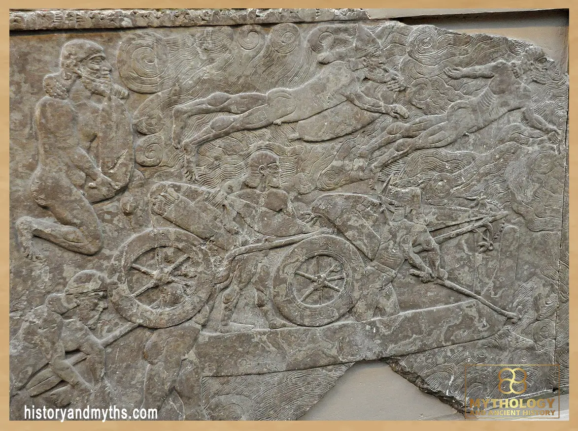 Assyrian army crossing a river, with soldiers swimming and loading chariots onto a boat during the reign of Ashurnasirpal II (865–860 BCE)
