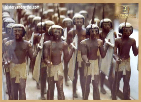 Wooden figures of Egyptian soldiers from the tomb of Mesehti, representing military organization in daily life during the Middle Kingdom.
