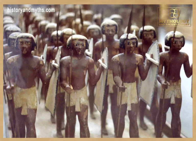 Wooden figures of Egyptian soldiers from the tomb of Mesehti, representing military organization in daily life during the Middle Kingdom.
