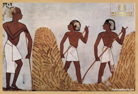 Wall painting showing workers on a threshing floor