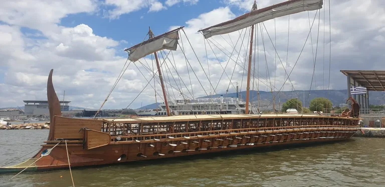 Reconstruction of the ancient Greek trireme Olympias at Paleo Faliro, Athens