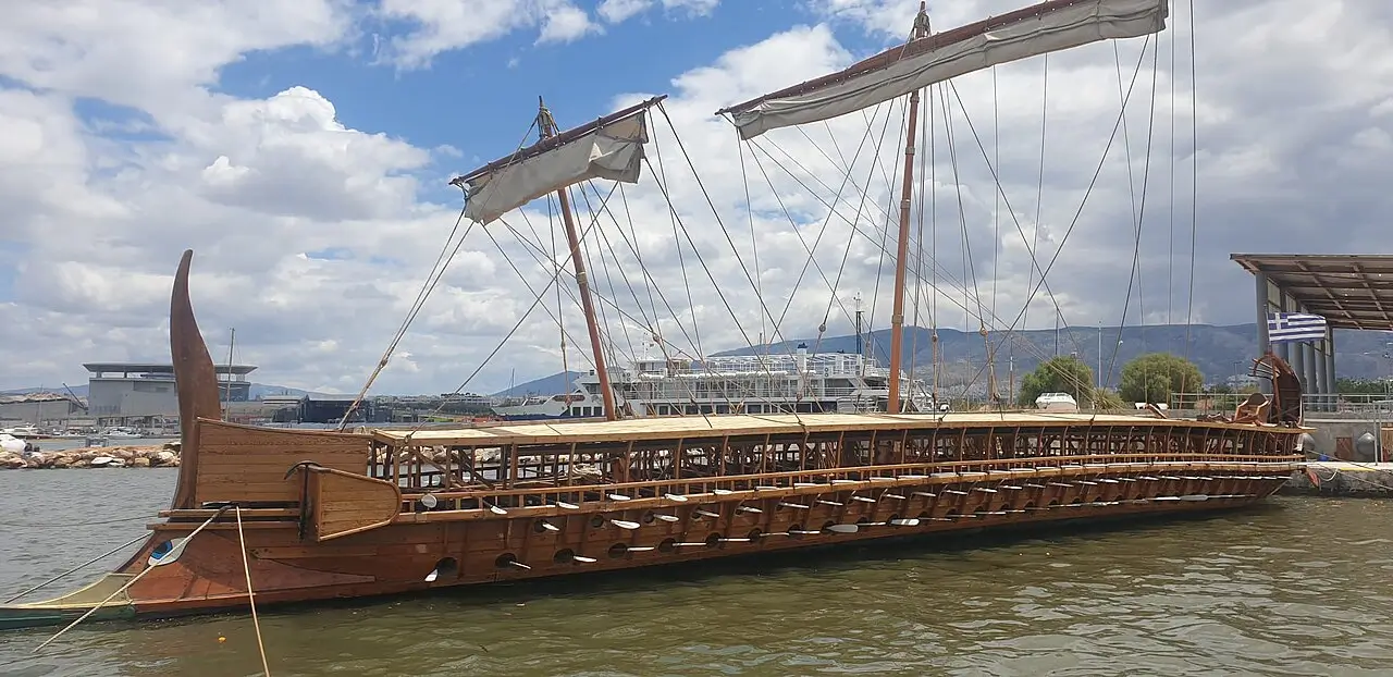 Reconstruction of the ancient Greek trireme Olympias at Paleo Faliro, Athens