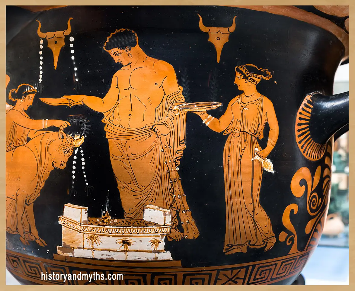 Heracles sacrificing a bull, Apulian red-figure bell-krater, ca. 370–350 BCE