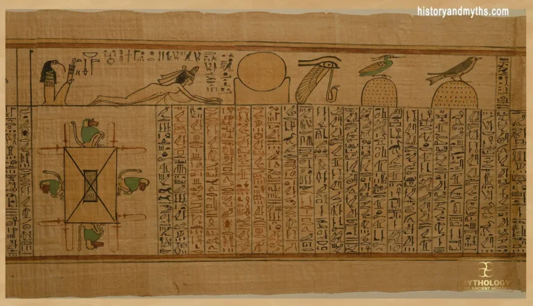 Spell 126 from the Book of the Dead showing the Lake of Fire guarded by four baboons.