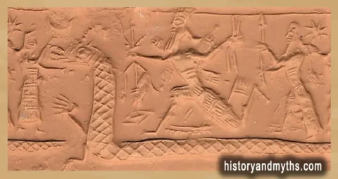 Ninhursag, Marduk & Nabu riding upon Mushhushshu