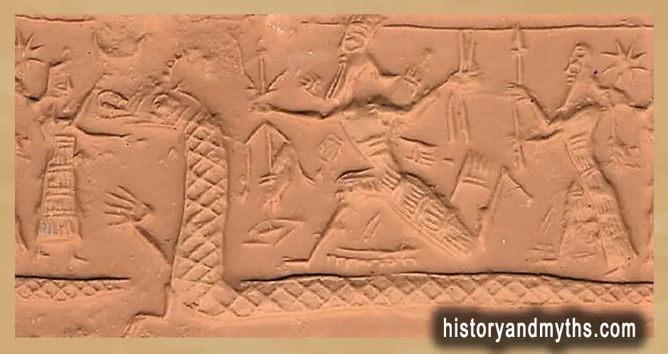 Ninhursag, Marduk & Nabu riding upon Mushhushshu